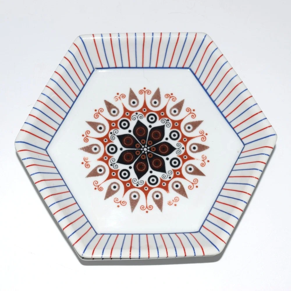EUC Hexagonal Appetizer Plates 2pc 7.25in White Red Blue Good Mandala Boho